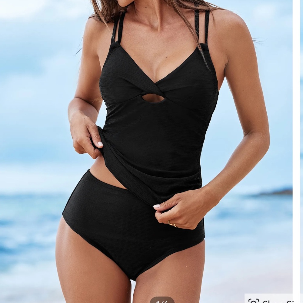 NEW with tags CUPSHE black cutout v-neck tankini top & standard bottom set-Large